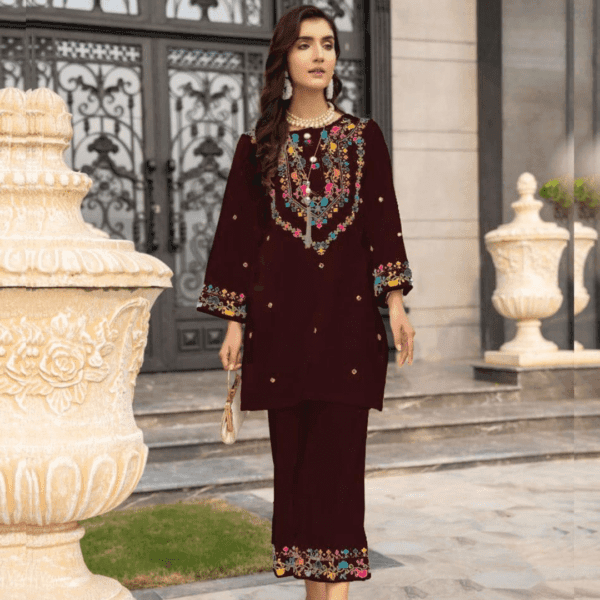 Elegant Maroon Embroidered Linen Shirt and Trouser Set