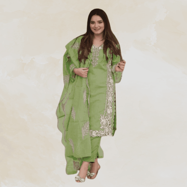 Elegant Green Organza Embroidered Suit